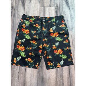 Carbon Mens Floral Hawaiian Shorts Size 38 Cotton/Polyester Blend Black & Orange